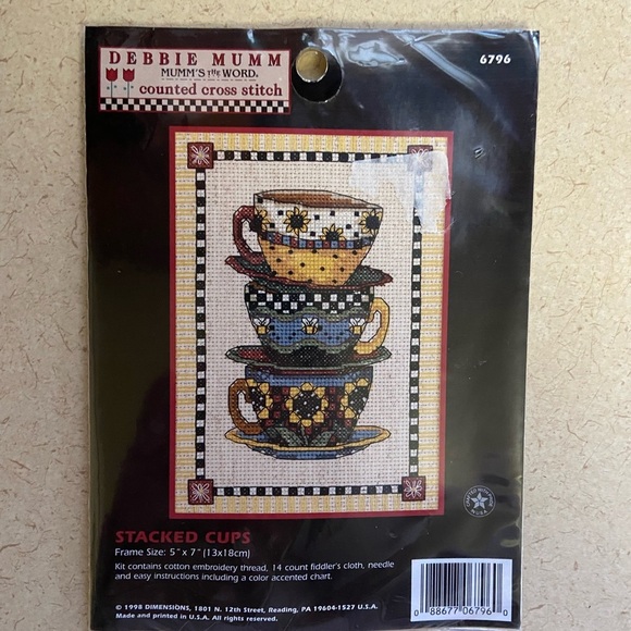 Vintage Debbie Mumm Stacked Cups Counted Cross Stitch Kit 6796 Dimensions 5”x7” - Picture 1 of 5